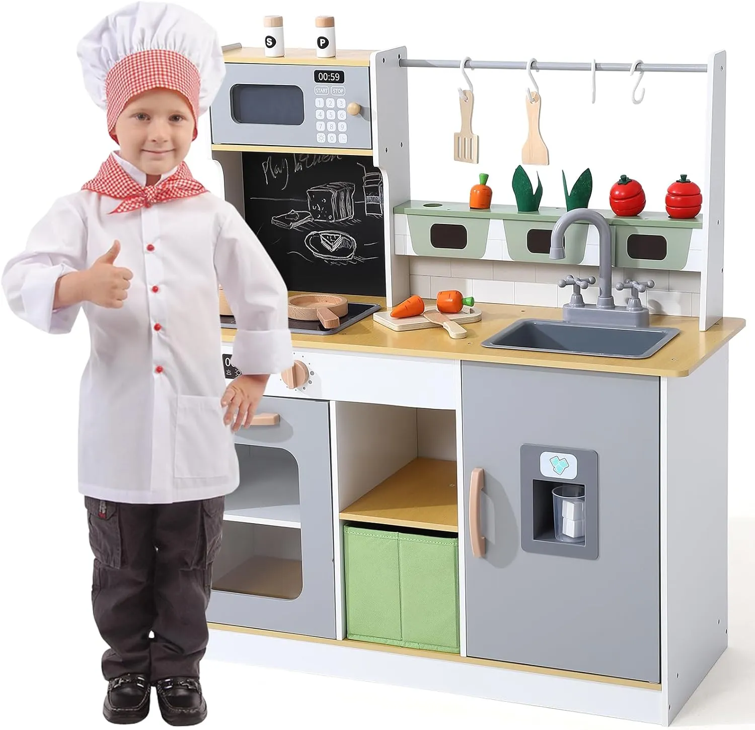 - Farm to Kitchen Playset Wooden Kitchen Play for Kids, Perfect for Chef Pretend panorama companion Play with Real Lights & Sounds & Cookware Accessories and Cutting Vegetables 