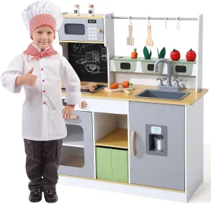 - Farm to Kitchen Playset Wooden Kitchen Play for Kids, Perfect for Chef Pretend panorama companion Play with Real Lights & Sounds & Cookware Accessories and Cutting Vegetables 