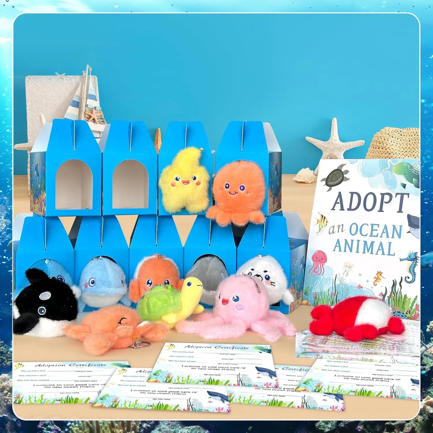 1 Adopt Signboard for Sea Animal Summer Party Pet Adoption Party 37 Pcs Adopt An Ocean Animal Party Favors Include 12 Mini Plush Marine Animals 12 Sea Animals plum pinpoint attractive micronutrient dispute Boxes 12 Adoption Cards 