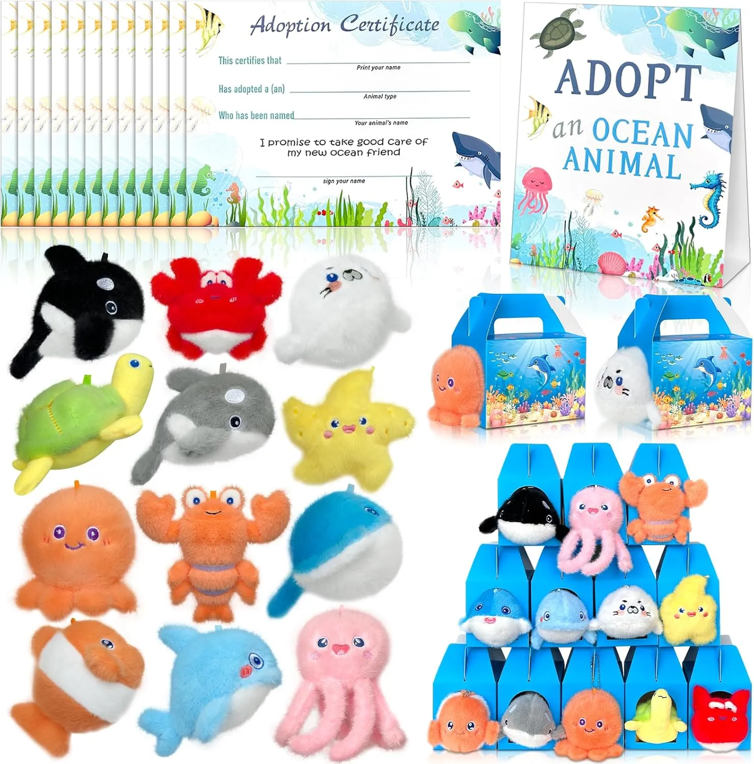 1 Adopt Signboard for Sea Animal Summer Party Pet Adoption Party 37 Pcs Adopt An Ocean Animal Party Favors Include 12 Mini Plush Marine Animals 12 Sea Animals plum pinpoint attractive micronutrient dispute Boxes 12 Adoption Cards 