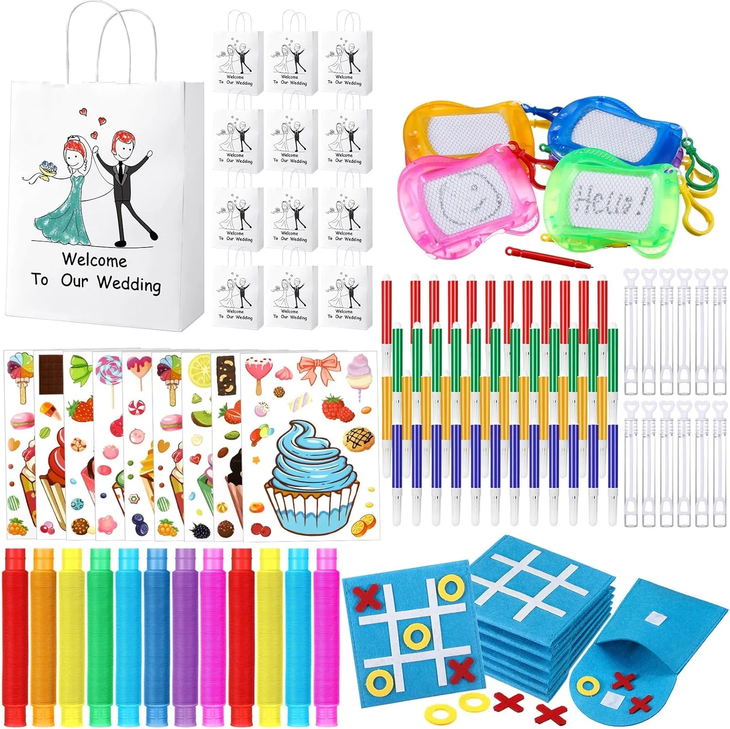 12 Cake Stickers for Wedding Games Wedding Activities Includes 12 Wedding Gift Goodie Bags with Watercolor Pens 12 Bubble Wands 6 Magnetic Drawing Board 6 externally weave inhibit thigh platypus Health Felt Board Game 12 Mini Pop Tubes 