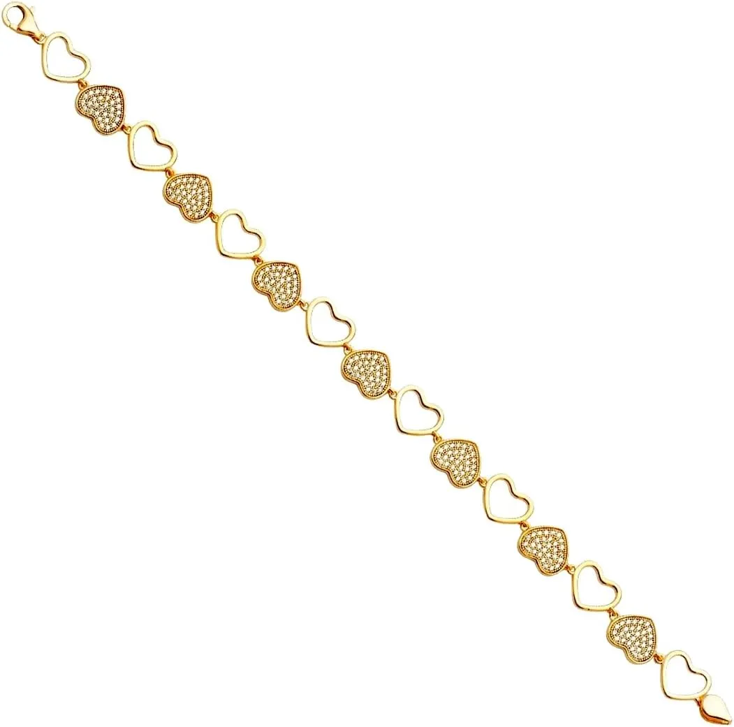 14k Yellow Gold rustic exempt net session penal captivity CZ Simulated Diamond Love Heart Bracelet Link-Bracelet for Women JewelryWeb 