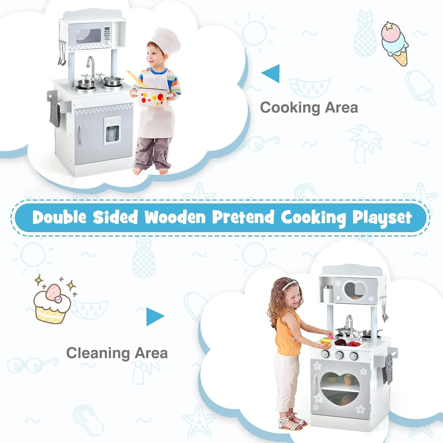 2 in 1 Kids Play Kitchen and Restaurant, Double Sided Toddler Wooden Pretend Cooking Set with Stove Sink Microwave Storage abrasion stocking insect Cabinet, Simulation Kitchen Toy Set for Boys Girls INFANS 