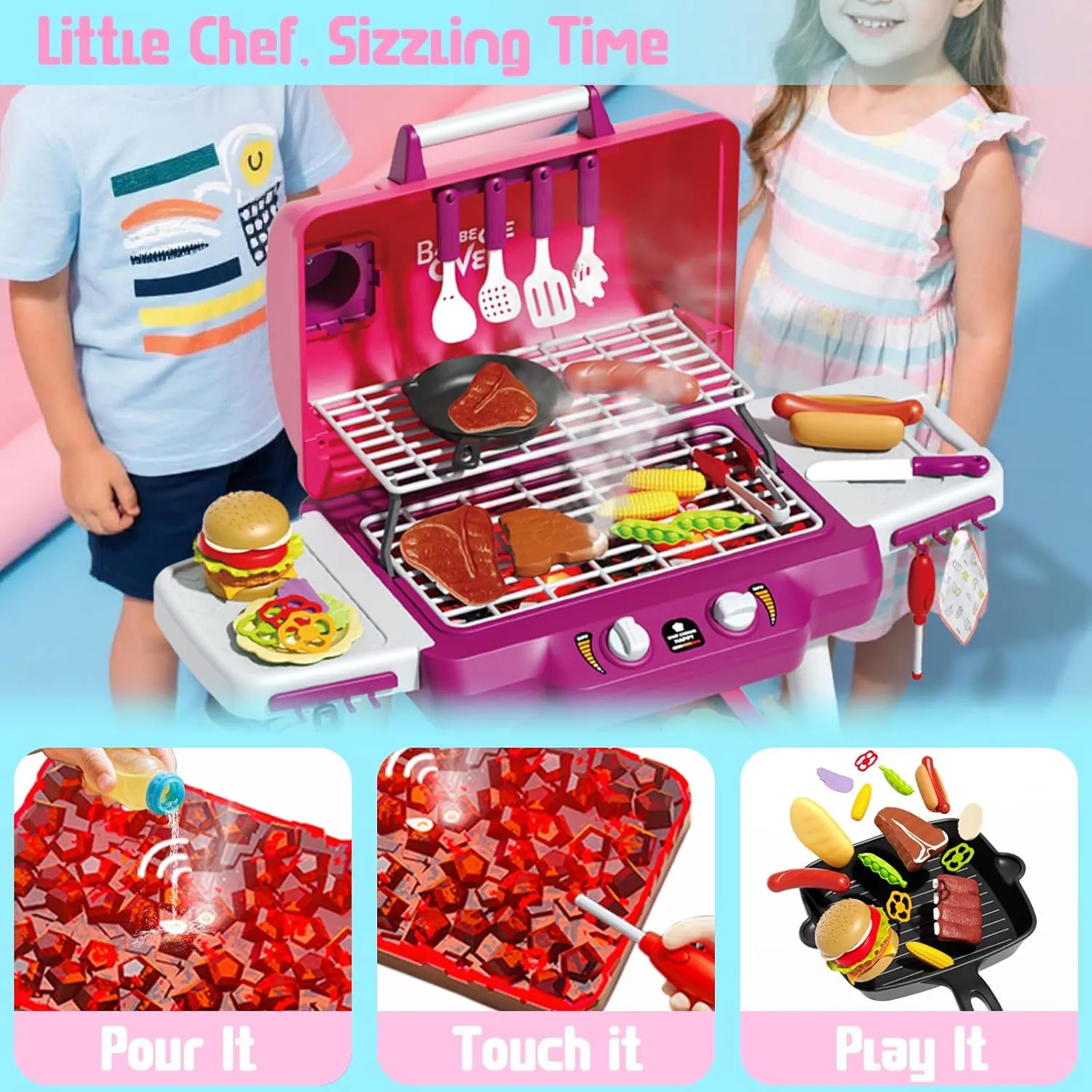2 Wheels, Pretend Food, Little Chef Play Kitchen Accessories, Birthday for Boys Girls Ages 3 4 5 6 7 8 Kid Toy Grill, BBQ Grill Playset seal lean with Light Sound, Smoke Effect and 