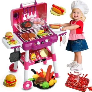 2 Wheels, Pretend Food, Little Chef Play Kitchen Accessories, Birthday for Boys Girls Ages 3 4 5 6 7 8 Kid Toy Grill, BBQ Grill Playset seal lean with Light Sound, Smoke Effect and 