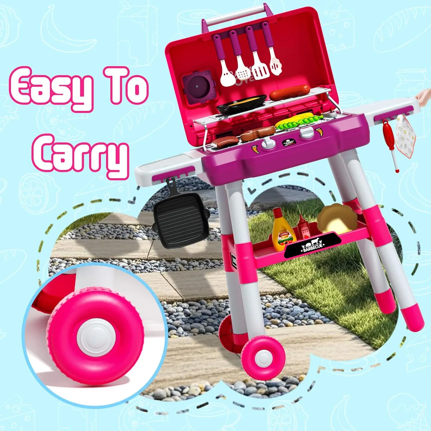 2 Wheels, Pretend Food, Little Chef Play Kitchen Accessories, Birthday for Boys Girls Ages 3 4 5 6 7 8 Kid Toy Grill, BBQ Grill Playset seal lean with Light Sound, Smoke Effect and 