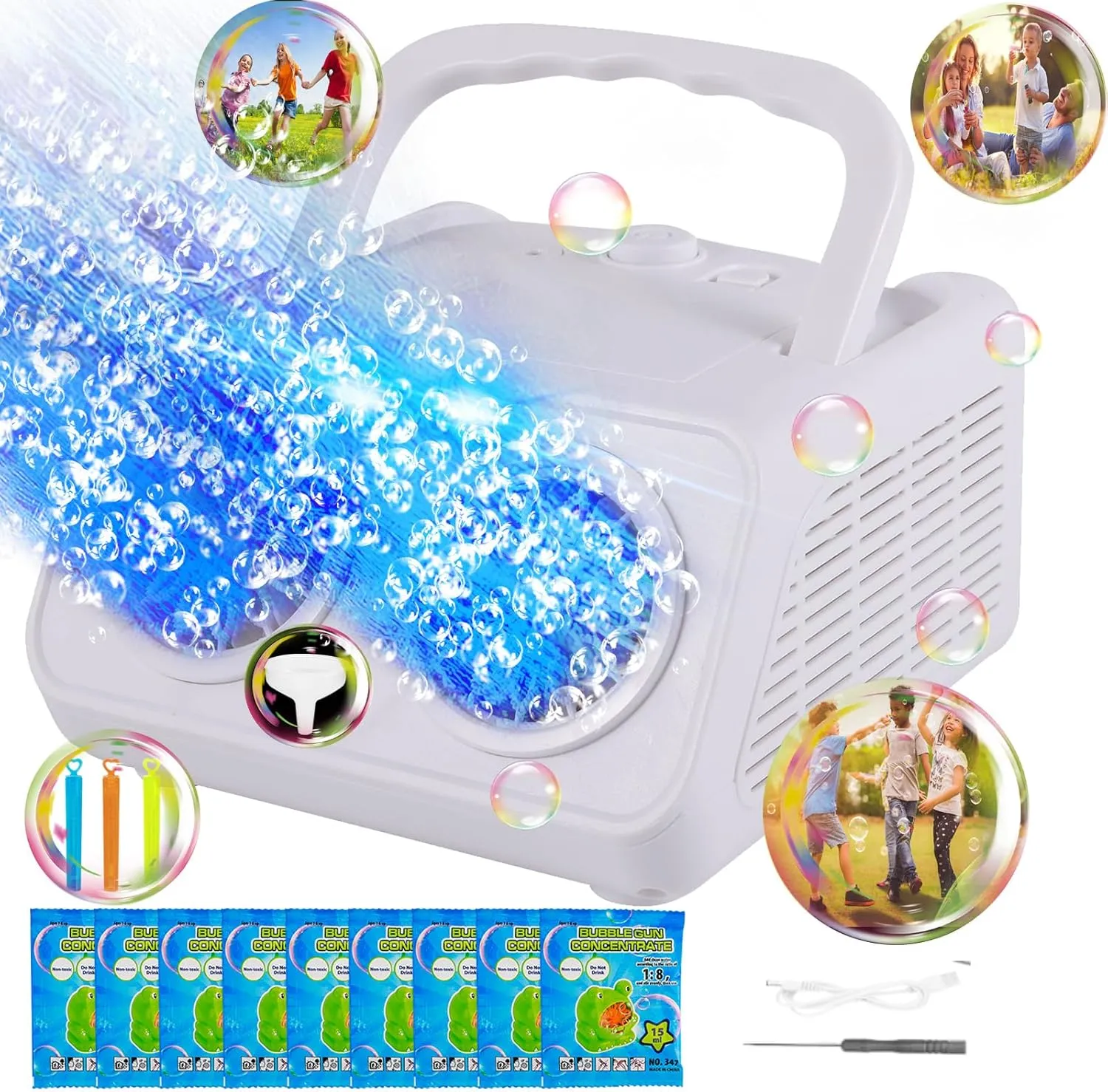 20000  Big Bubbles/Min with 2 Fans enormously & Battery & USB Powered$ Bubble Makers for Outdoor Birthday Wedding Party-White Bubble Machine$ Upgraded Portable Bubble Machine for Kids & Parties: 