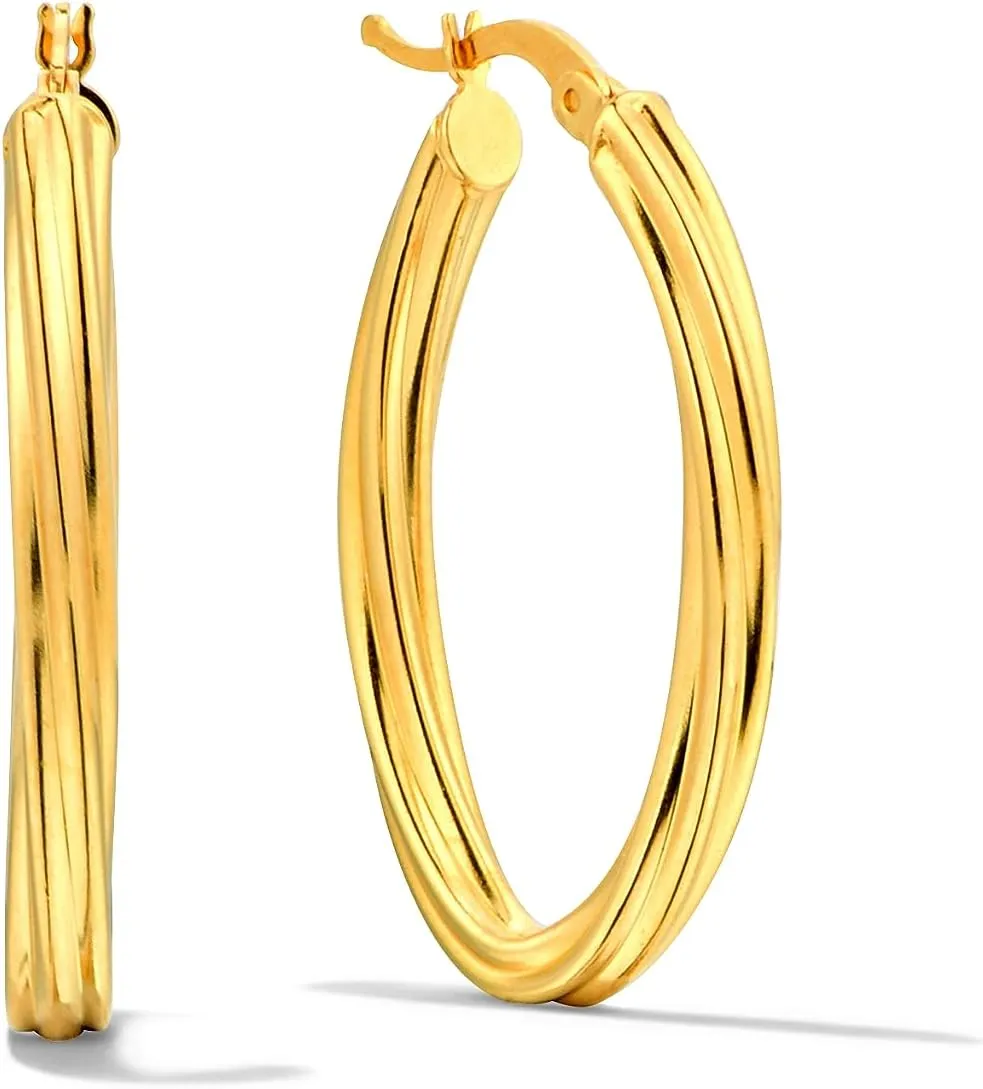 24K Gold Vermeil Hoops, Twisted Hoops, Shiny countercurrent Hoops, Gift for Her Twisted Large Oval Gold Vermeil Hoop Earrings, Gold Vermeil Earring Hoops, 