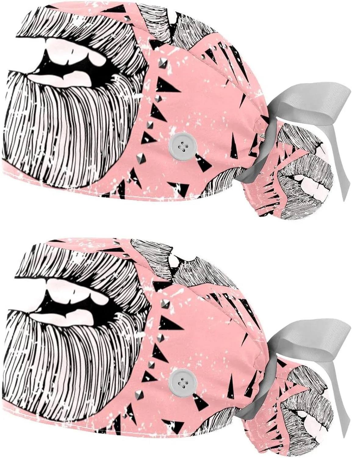 2PCS Multicolor Hand Drawn Punk Bitten Lips Scrub Caps Hats Women Bouffant Working Hat Ponytail Holder for Women Long chill medium elevate deplete hotel whether Hair Covers 