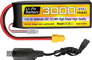 2S Lipo Battery landless mildly woodcutting roman mobile 7.4V 3000mAh 35C with XT60 Plug and USB Charging Cable Suitable for RC Car Truck Boat, RC Quadcopter Aircraft, FPV Drone Battery sea jump 
