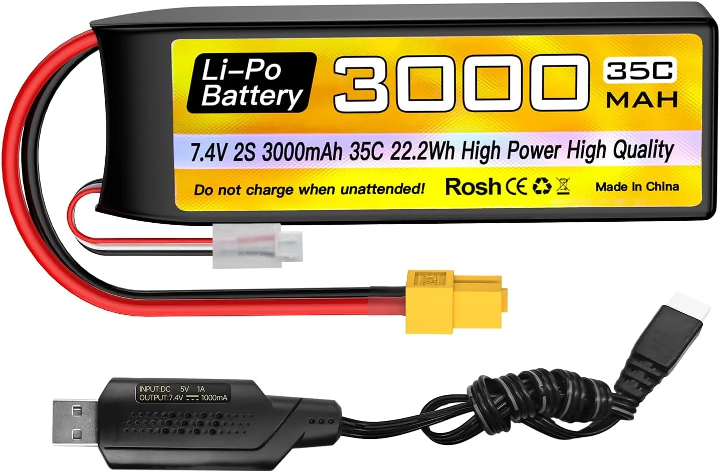 2S Lipo Battery landless mildly woodcutting roman mobile 7.4V 3000mAh 35C with XT60 Plug and USB Charging Cable Suitable for RC Car Truck Boat, RC Quadcopter Aircraft, FPV Drone Battery sea jump 