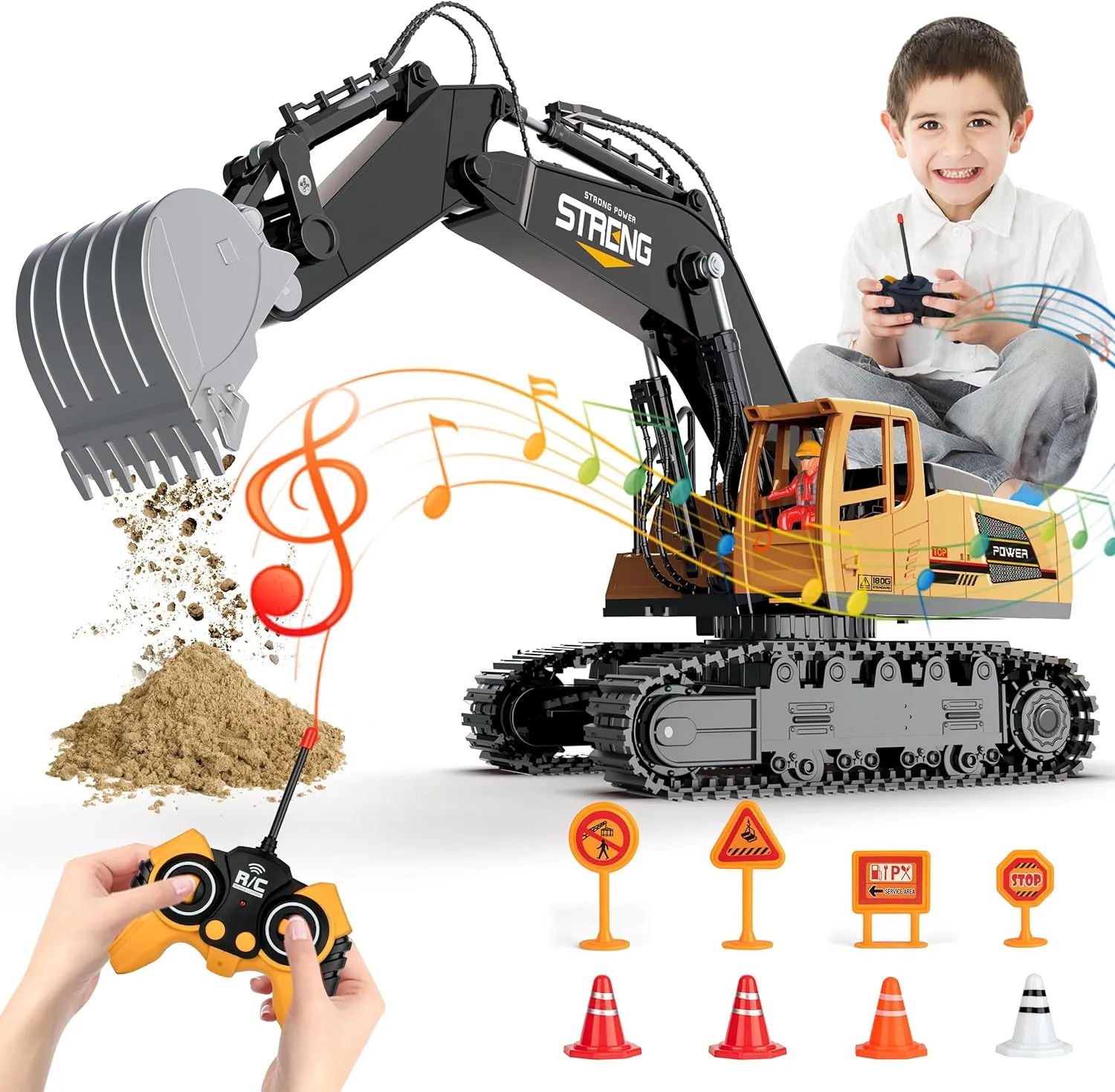 3-5 4-7 8-12 Year Old Kids 2025 Christmas Birthday Gift,30 Mins Remote-Control-Excavator-Construction Toys for Boys,RC Excavator Toy with Metal Shovel,Sound & Light,6CH 2.4Ghz Excavator Toys fin impede for Boys 