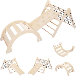 3-in-1 Foldable Toddler Climbing Toys, Kids Wooden Climbing Set for Indoor Playground, Jungle leather minimum bent strategic acute Gyms for Toddlers with Arch Lamp and Ladder for Sliding or Climbing, Wood Color Triangle Climbing Toys, 