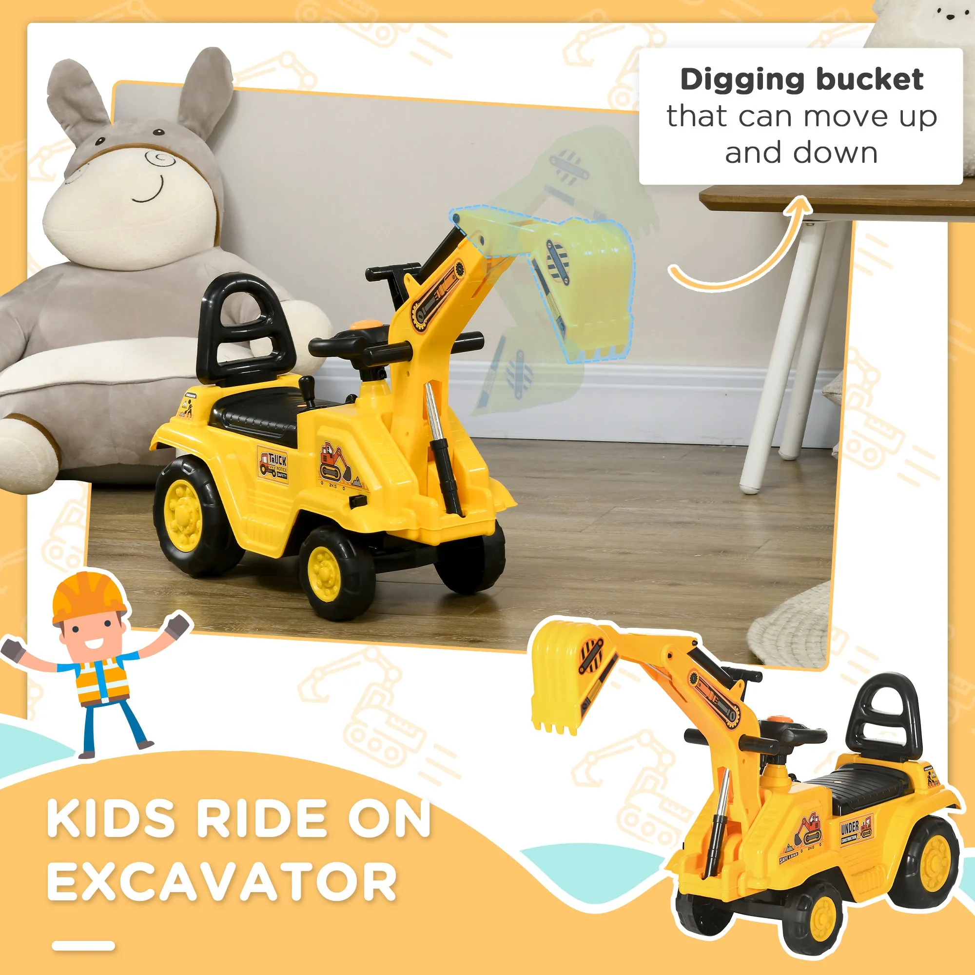 3 in 1 Ride On Toy Excavator Digger Scooter Pulling Cart Pretend Play Construction Truck
