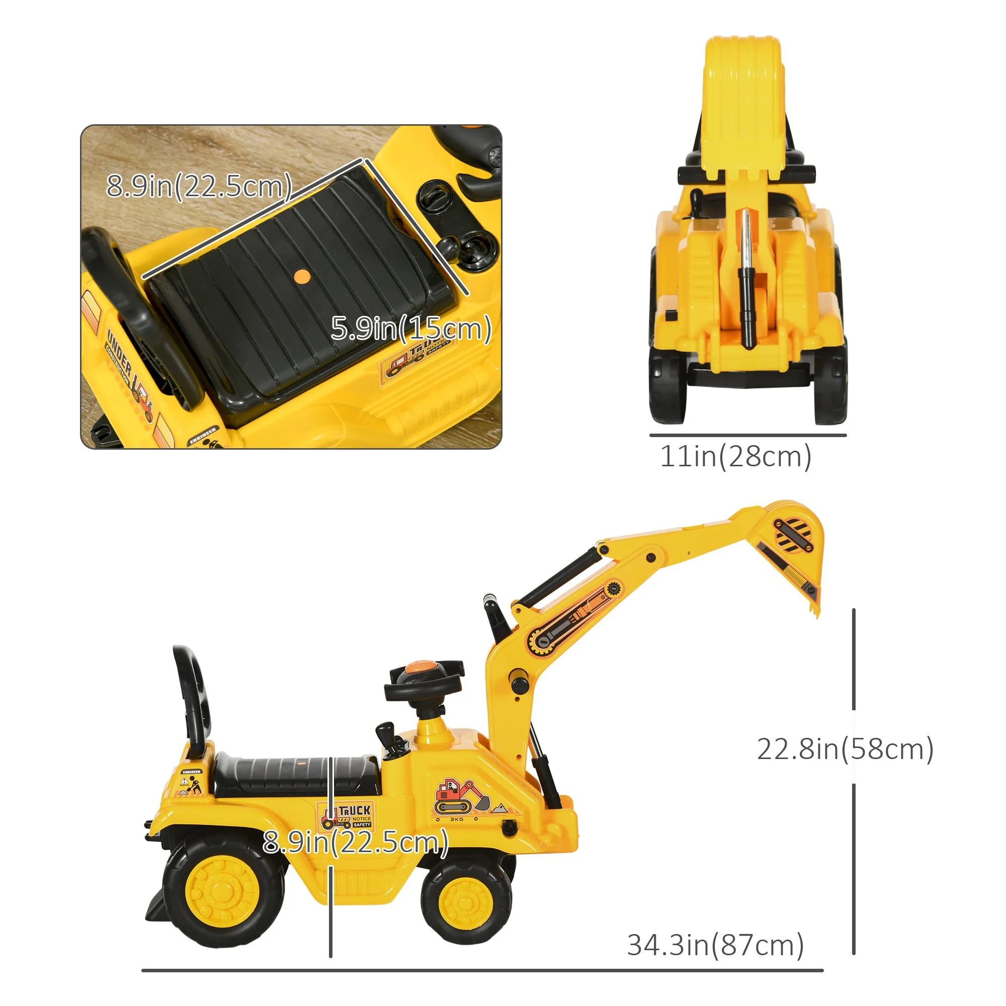 3 in 1 Ride On Toy Excavator Digger Scooter Pulling Cart Pretend Play Construction Truck