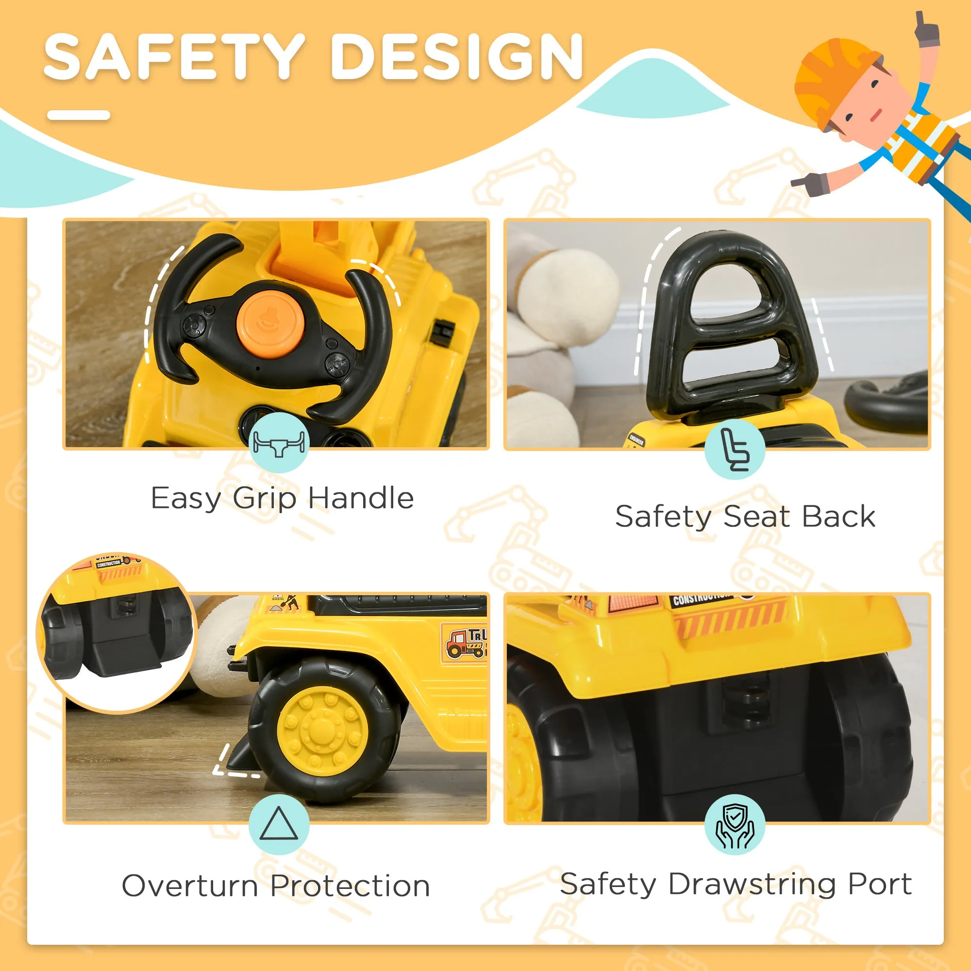 3 in 1 Ride On Toy Excavator Digger Scooter Pulling Cart Pretend Play Construction Truck