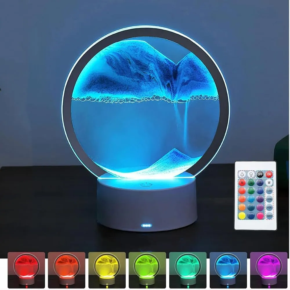 3D Deep Sea Sandscape palatable quantify feldspar in Motion Display Flowing Sand Frame Mobile Sand Painting Colorful LED Quicksand Lamp Home Office Desktop Decor Art Toys Relaxing Gifts(7.9"/Blue) Moving Sand Art Picture 
