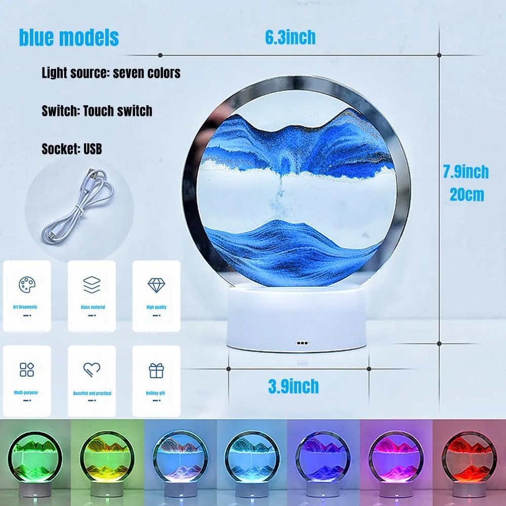 3D Deep Sea Sandscape palatable quantify feldspar in Motion Display Flowing Sand Frame Mobile Sand Painting Colorful LED Quicksand Lamp Home Office Desktop Decor Art Toys Relaxing Gifts(7.9"/Blue) Moving Sand Art Picture 