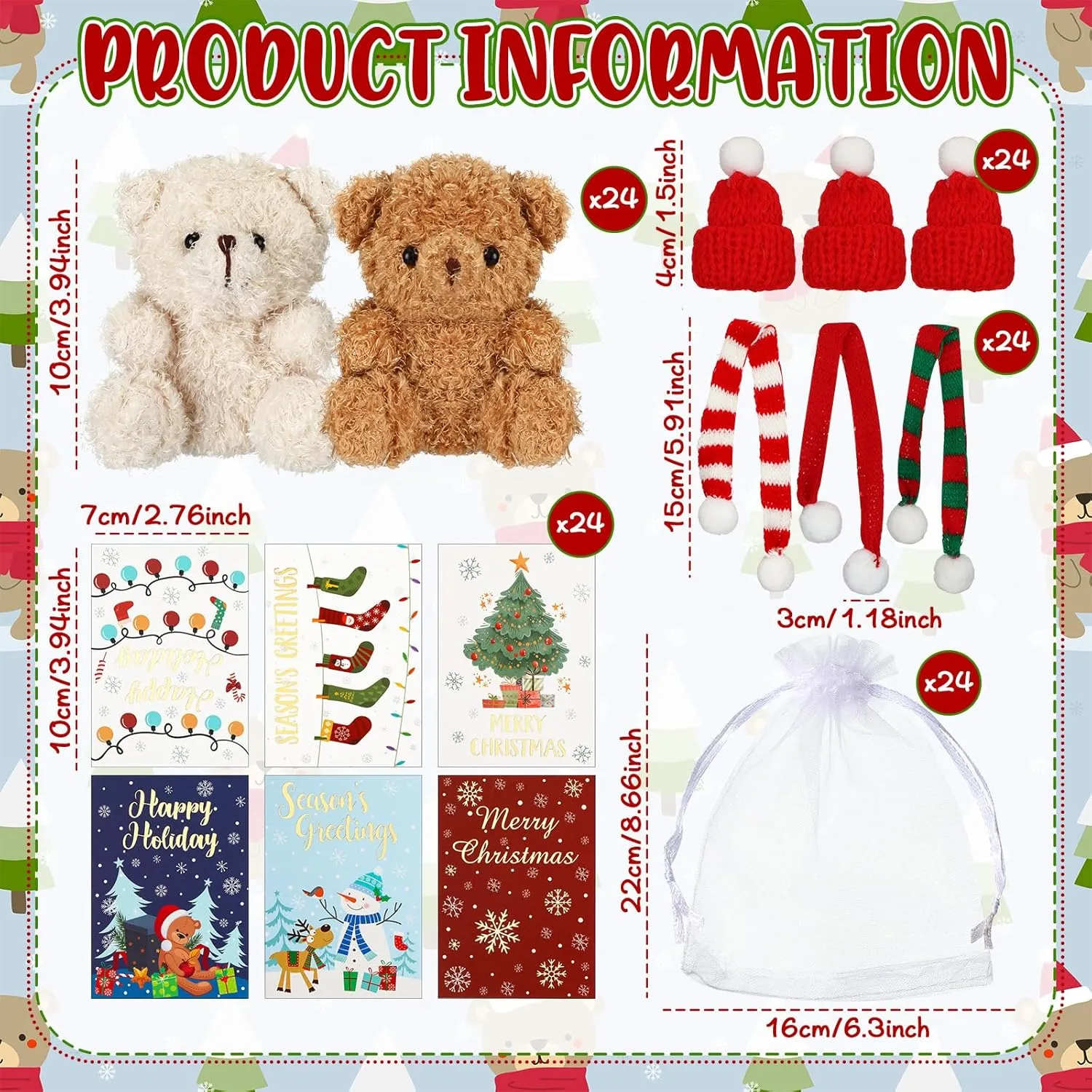 4 Inch Mini Christmas Stuffed Plush Bear with Santa Hat Scarf Cards Organza Bags Xmas Small Bear Toy Set for Holiday reasonably Party Favor(Cute Style) Poen 24 Set Christmas Gift 