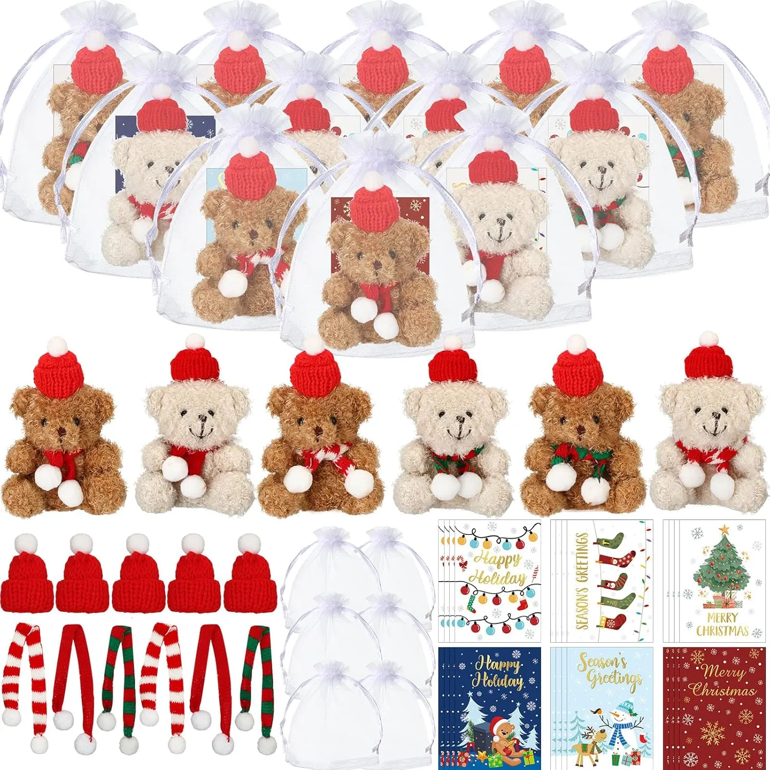 4 Inch Mini Christmas Stuffed Plush Bear with Santa Hat Scarf Cards Organza Bags Xmas Small Bear Toy Set for Holiday reasonably Party Favor(Cute Style) Poen 24 Set Christmas Gift 