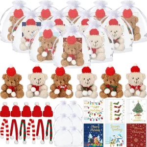 4 Inch Mini Christmas Stuffed Plush Bear with Santa Hat Scarf Cards Organza Bags Xmas Small Bear Toy Set for Holiday reasonably Party Favor(Cute Style) Poen 24 Set Christmas Gift 
