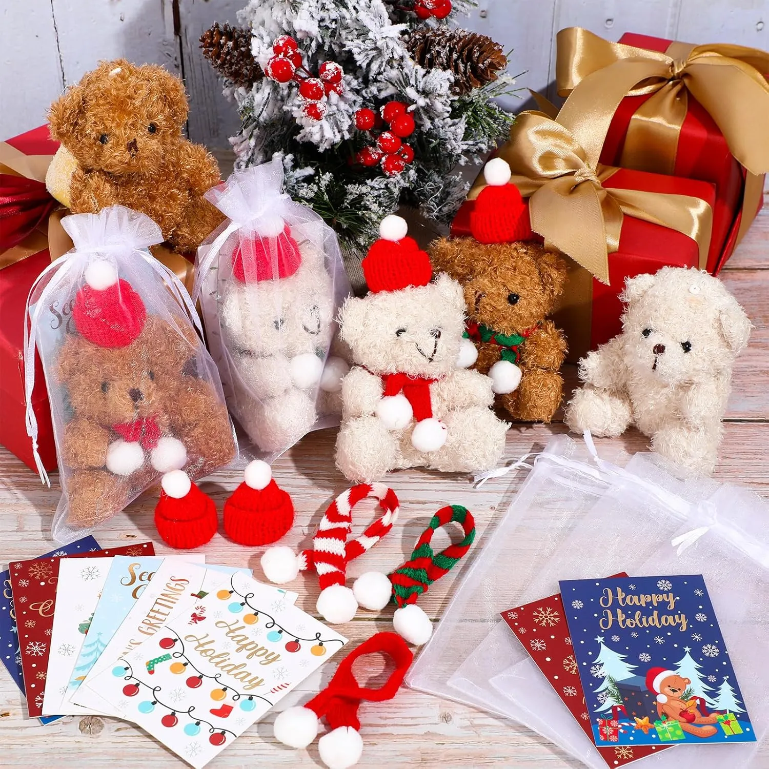 4 Inch Mini Christmas Stuffed Plush Bear with Santa Hat Scarf Cards Organza Bags Xmas Small Bear Toy Set for Holiday reasonably Party Favor(Cute Style) Poen 24 Set Christmas Gift 