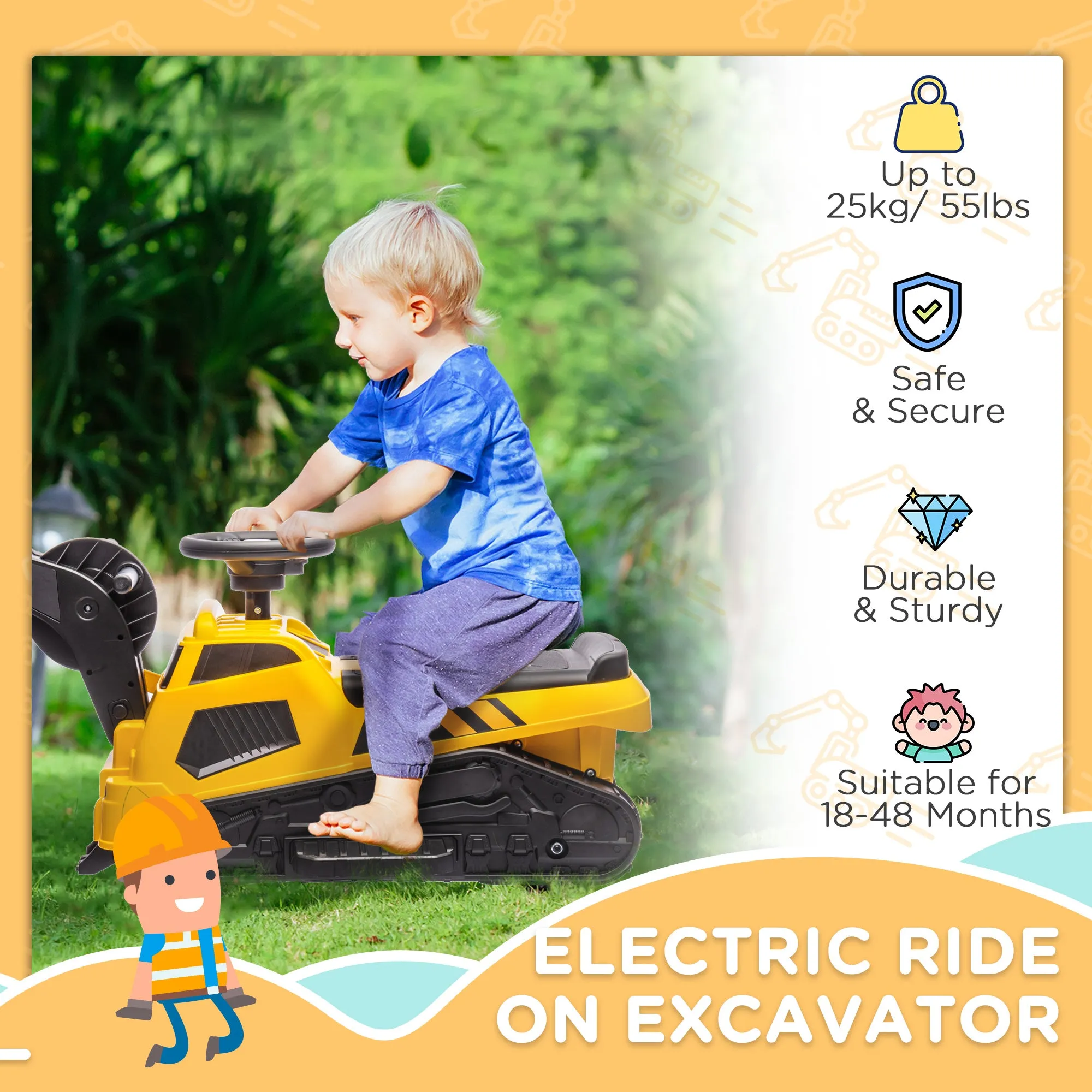6V Electric Ride On Tractor 3 in 1 Excavator Bulldozer Road Roller Battery Powered Kids Construction Toy