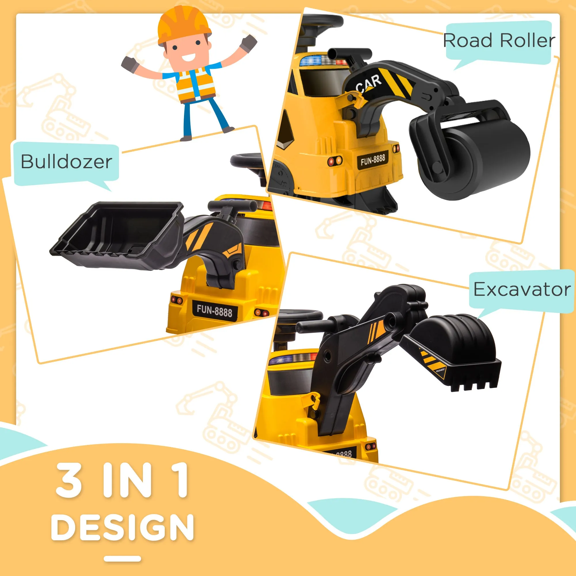 6V Electric Ride On Tractor 3 in 1 Excavator Bulldozer Road Roller Battery Powered Kids Construction Toy