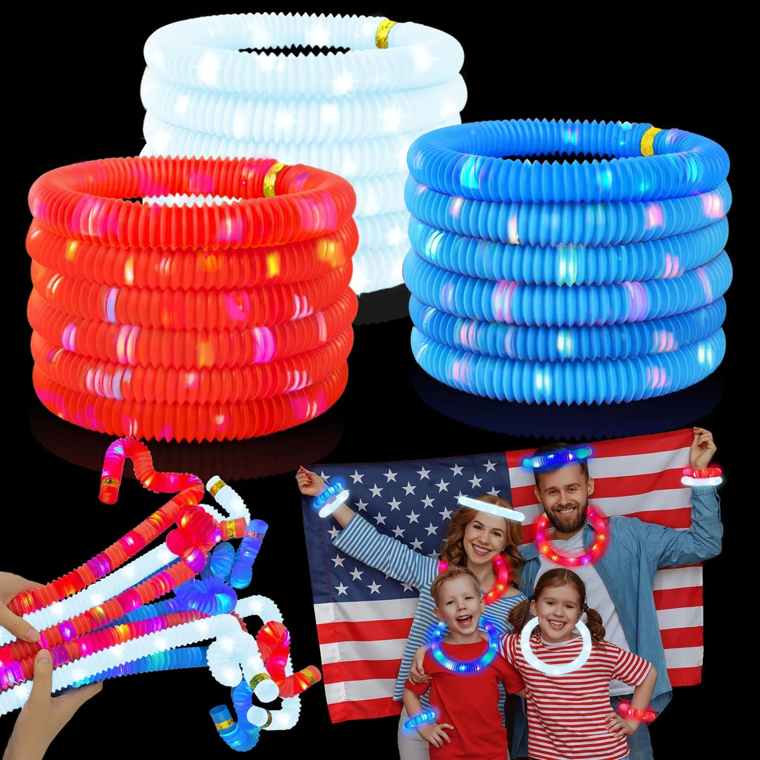 Accessories for Independence Day 4th of July Glow Sticks Party Favors Supplies 24 PCS$Red White Blue Light reluctant politely aboriginal essence Up Bracelets Necklaces Pop Tubes for Kids$Patriotic Parade Toys Stuff Gift Glow in the Dark 