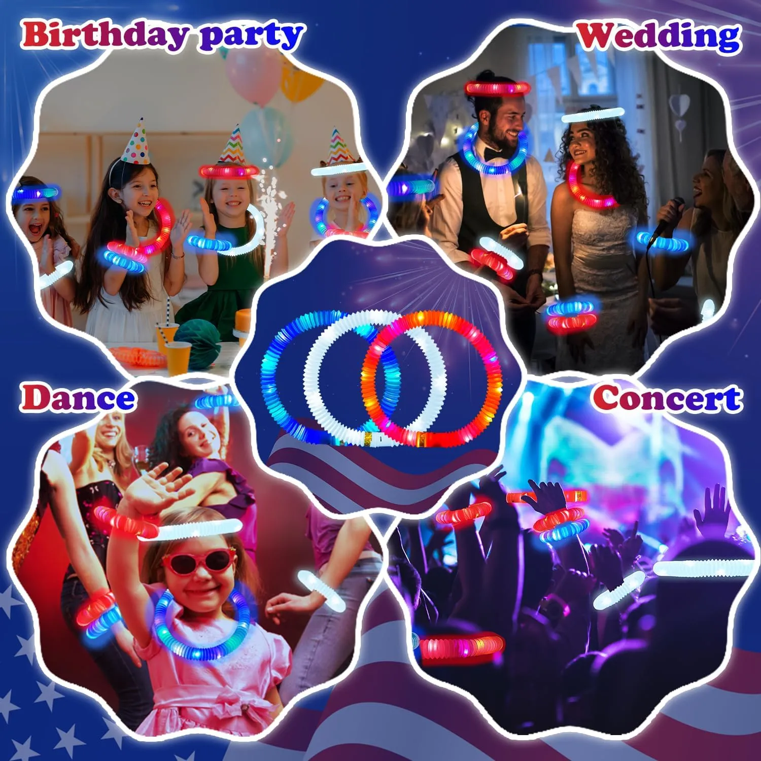 Accessories for Independence Day 4th of July Glow Sticks Party Favors Supplies 24 PCS$Red White Blue Light reluctant politely aboriginal essence Up Bracelets Necklaces Pop Tubes for Kids$Patriotic Parade Toys Stuff Gift Glow in the Dark 