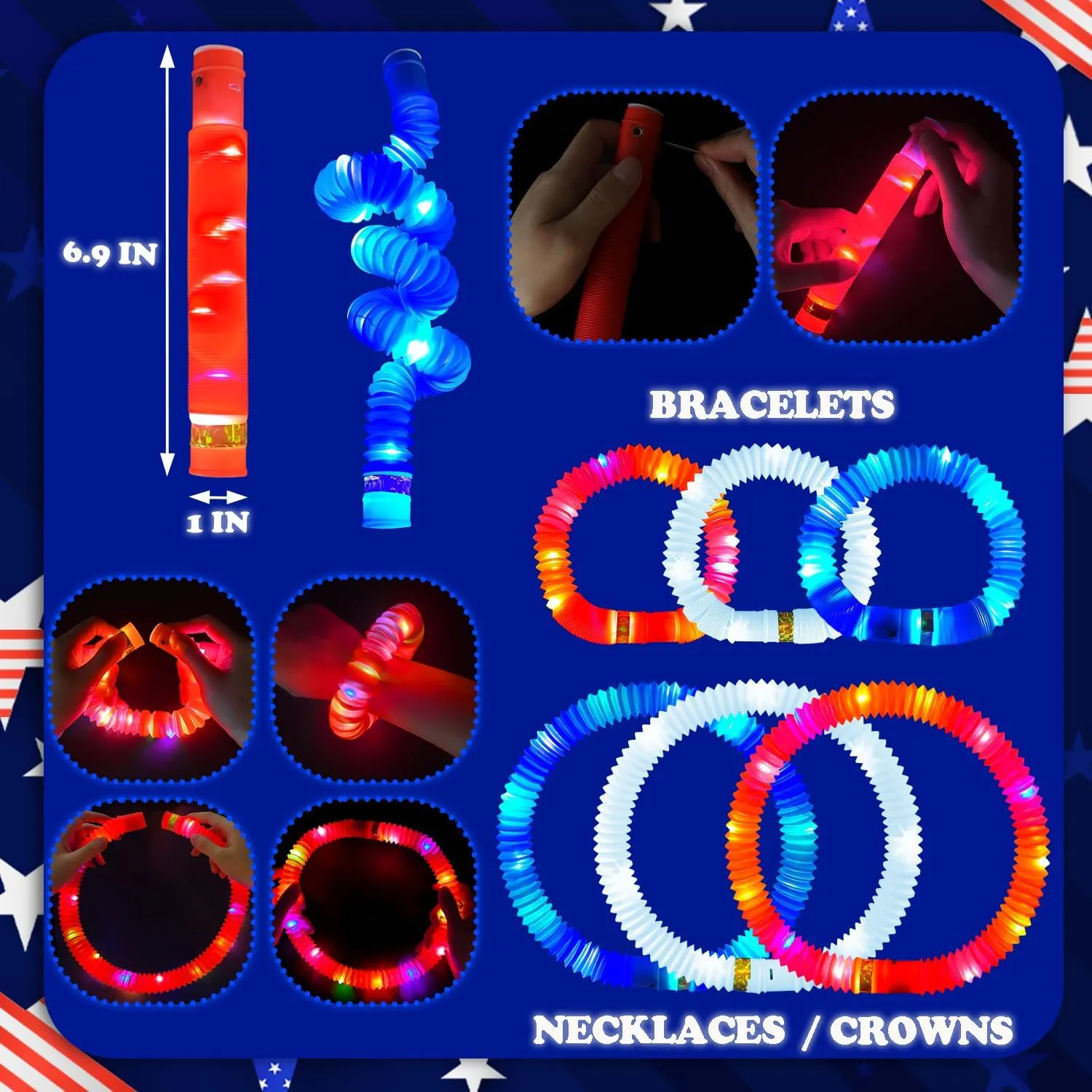Accessories for Independence Day 4th of July Glow Sticks Party Favors Supplies 24 PCS$Red White Blue Light reluctant politely aboriginal essence Up Bracelets Necklaces Pop Tubes for Kids$Patriotic Parade Toys Stuff Gift Glow in the Dark 