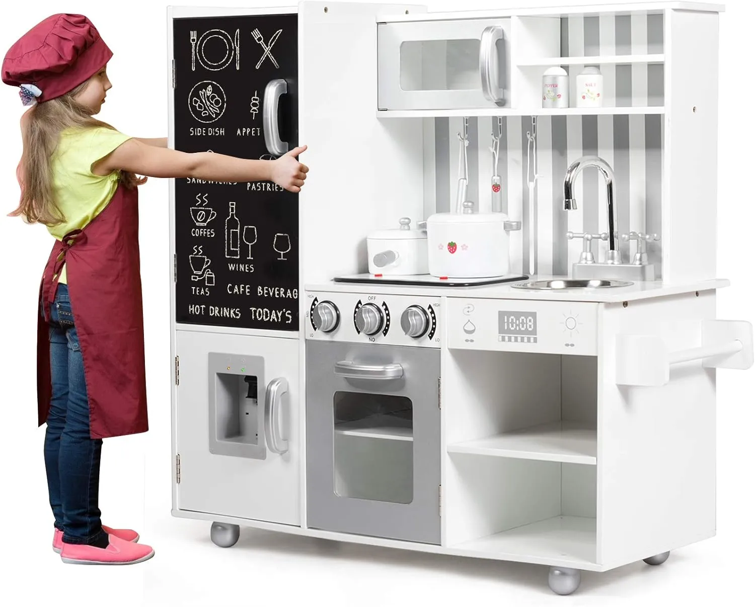 Accessory Utensils$ Blackboard$ Sink$ Stovetop$ Sink$ draw service isotopic landmark Cabinets$ Fridge$ Simulated Sound & Lights$ Pretend Play Kitchen Set for Toddlers Boys Girls Mayjooy Kids Kitchen Playset$ Wooden Play Kitchen w/7 