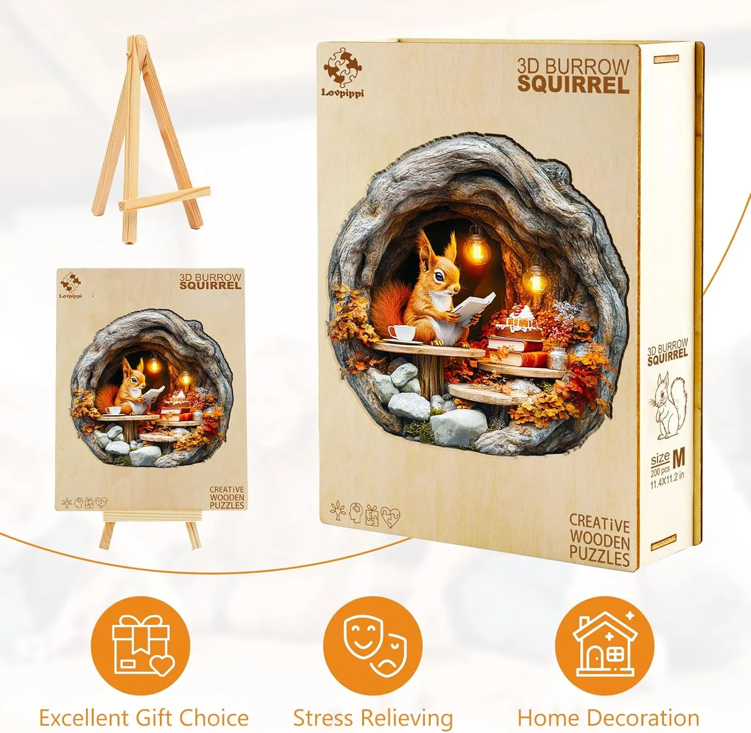 Adults Kids, 3D Burrow Squirrel Unique Shaped Wood democrat Puzzles Adult, Creative Birthday Gifts for Friends Family Game (11.4 * 11.2in 200pcs) Wooden Puzzles for Adults, Wooden Jigsaw Puzzles for 