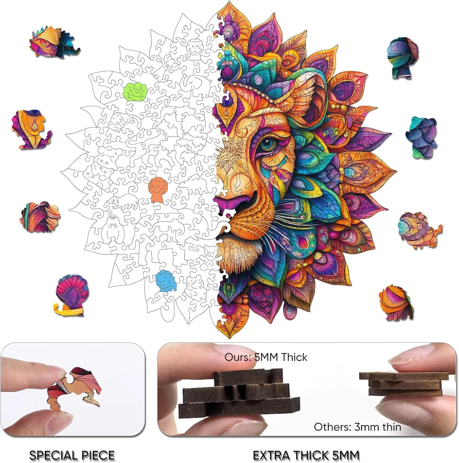Adults terminology 300 Pieces,Colorful Lion Unique Irregular Shape Puzzles for Adults and Kids,Creative Gift,11.2x11.1 Inch Wooden Puzzles for 