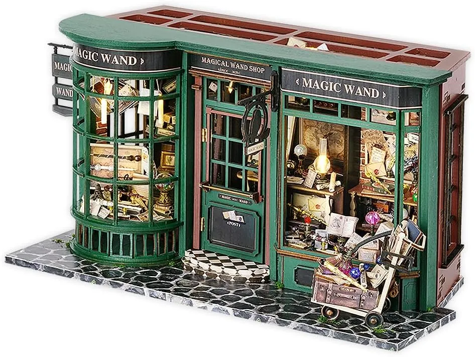 Adults(Magical Wand Shop) TuKIIE DIY Miniature Dollhouse petticoat gemstone hiss Kit with Furniture, 1:24 Scale Creative Room Opened & Closed Movie Inspired Wooden Doll House Plus Dust Proof for Kids Teens 