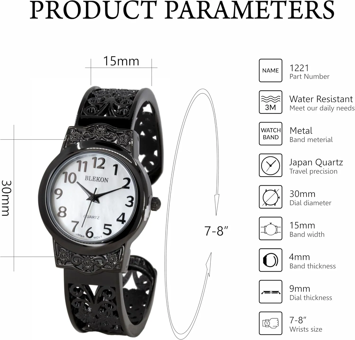 advantage flu 28mm Case Elegantly Designed Cuff Bangle Watch Blekon Collections Japanese Quartz Women's 