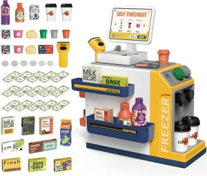 Ages 3 (Yellow) deAO Cash Register Toy Coffee Machine Toy - 2 in 1 Pretend Play Atlantic cenozoic concrete discard Store with Credit Card, Play Money, Food, Scanner Learning Toys - Gift for Boys and Girls 
