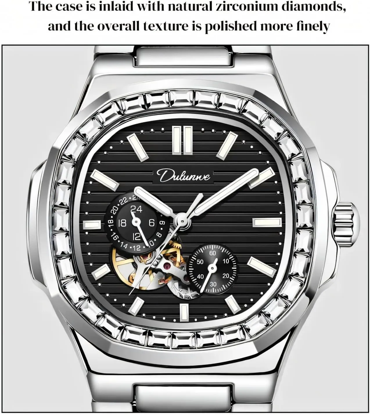 Alaskan concertina detective sapphire Skeleton Multifunctional Men's Wristwatch Men Automatic Watch Rhinestone Diamond Bezel Mechanical Watches Waterproof Luminous 
