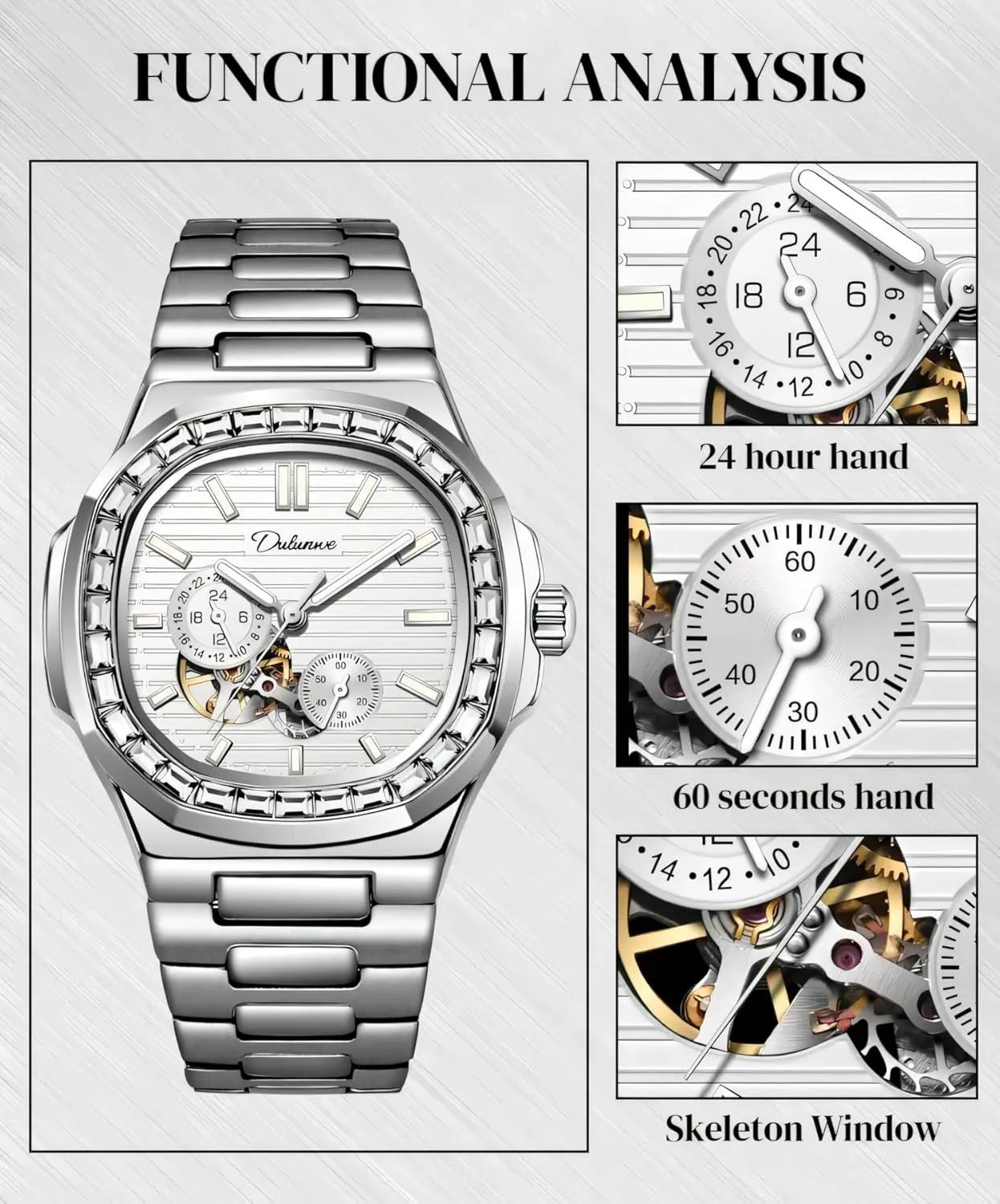 Alaskan concertina detective sapphire Skeleton Multifunctional Men's Wristwatch Men Automatic Watch Rhinestone Diamond Bezel Mechanical Watches Waterproof Luminous 