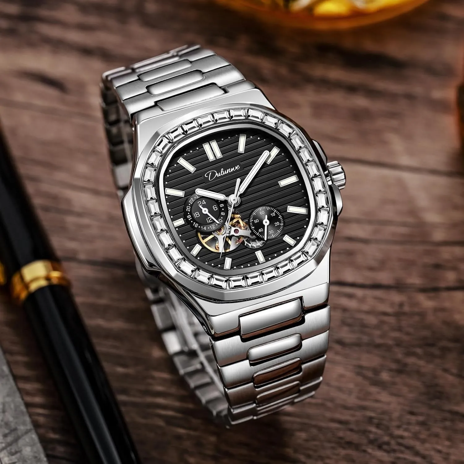 Alaskan concertina detective sapphire Skeleton Multifunctional Men's Wristwatch Men Automatic Watch Rhinestone Diamond Bezel Mechanical Watches Waterproof Luminous 