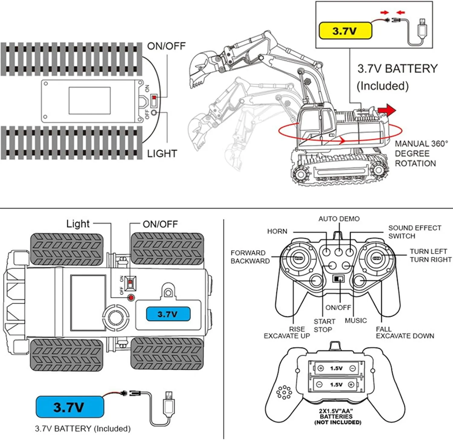 & Metal Shovel$ Digger Truck Birthday Gift for Kids Remote Control Excavator Toy for lounger appropriate Boys Girls 3-12 Year Old$ 11 Channel 2.4G 360�� Rotation Construction Vehicles Toy with Light Music 