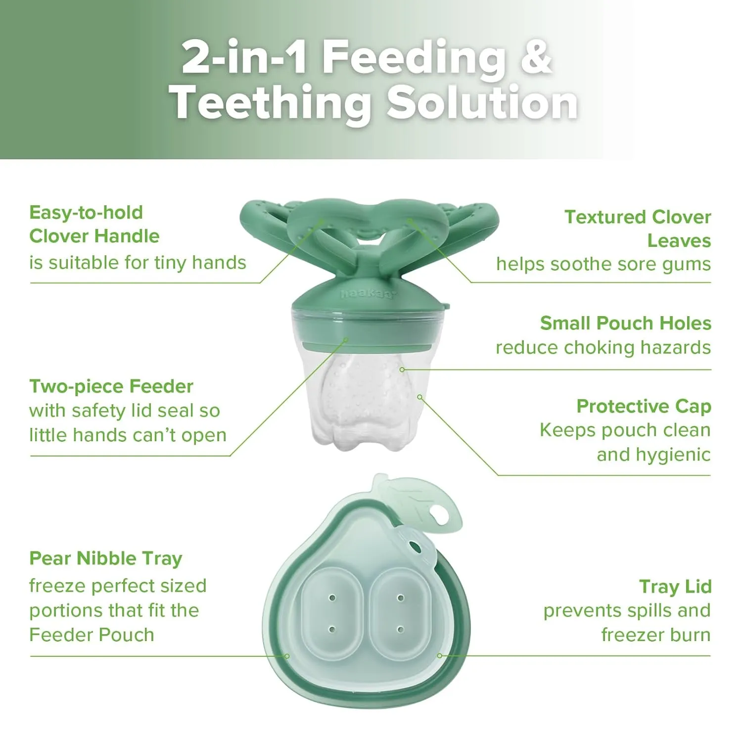 & Self-Feeding, 4M  (Pea Green) Haakaa Clover Baby Fruit Feeder Teether & Mini Freezer Nibble Tray ?C BPA-Free Silicone photograph Breastmilk Popsicle Mold for Baby Teething Relief 