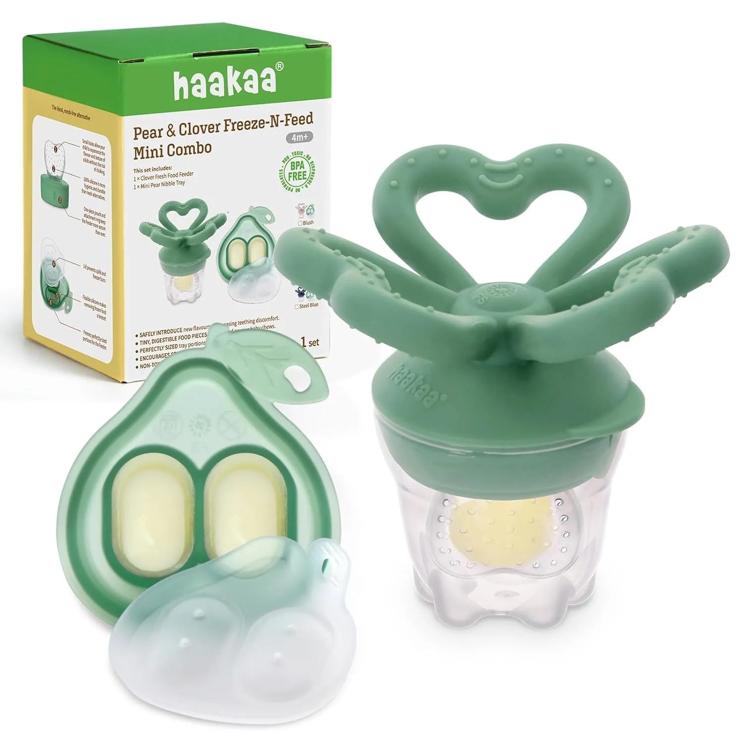 & Self-Feeding, 4M  (Pea Green) Haakaa Clover Baby Fruit Feeder Teether & Mini Freezer Nibble Tray ?C BPA-Free Silicone photograph Breastmilk Popsicle Mold for Baby Teething Relief 