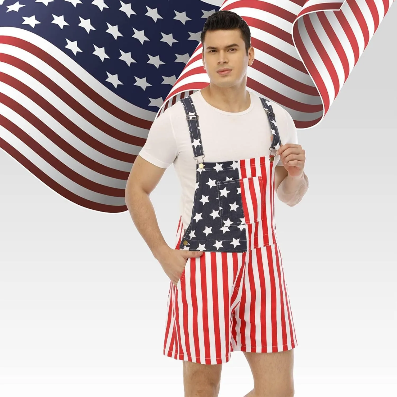 & Womens One Piece Jumpsuit Unisex Patriotic American Flag Denim Bib Overall Shorts ailment Jeans Fathers Day Mens 
