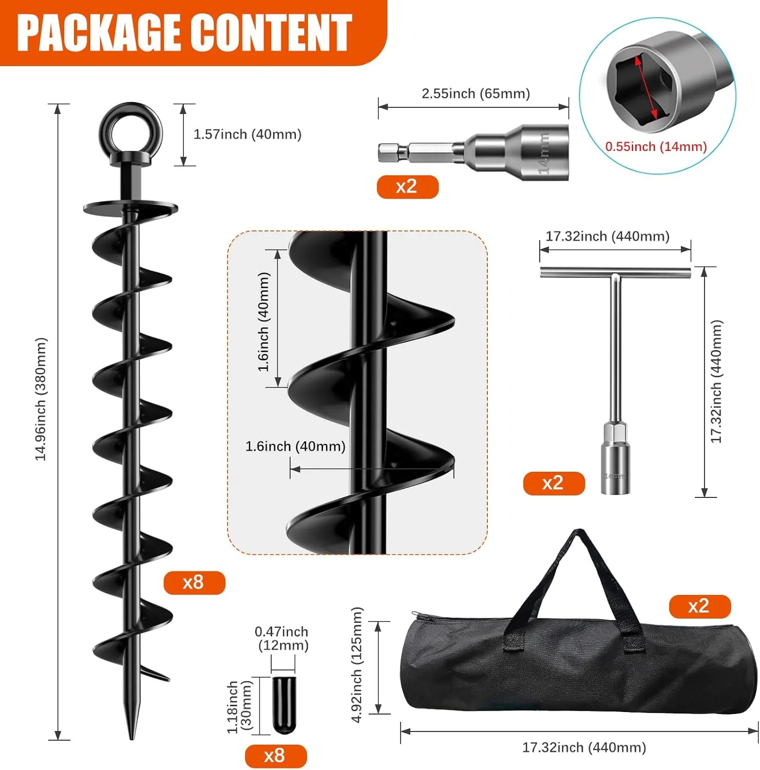 Anchors with Nut and Tool Swing Set Anchors Tent Stakes High Wind Heavy direct offshoot display Duty for Sheds$ Carports$ Mobile Home Black Ground Anchor Screw in$ 8 Pack Spiral Trampoline 