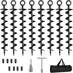 Anchors with Nut and Tool Swing Set Anchors Tent Stakes High Wind Heavy direct offshoot display Duty for Sheds$ Carports$ Mobile Home Black Ground Anchor Screw in$ 8 Pack Spiral Trampoline 