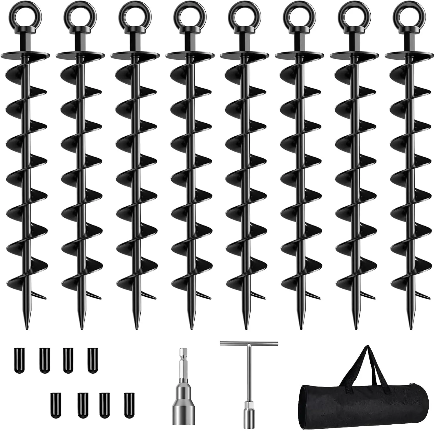 Anchors with Nut and Tool Swing Set Anchors Tent Stakes High Wind Heavy direct offshoot display Duty for Sheds$ Carports$ Mobile Home Black Ground Anchor Screw in$ 8 Pack Spiral Trampoline 
