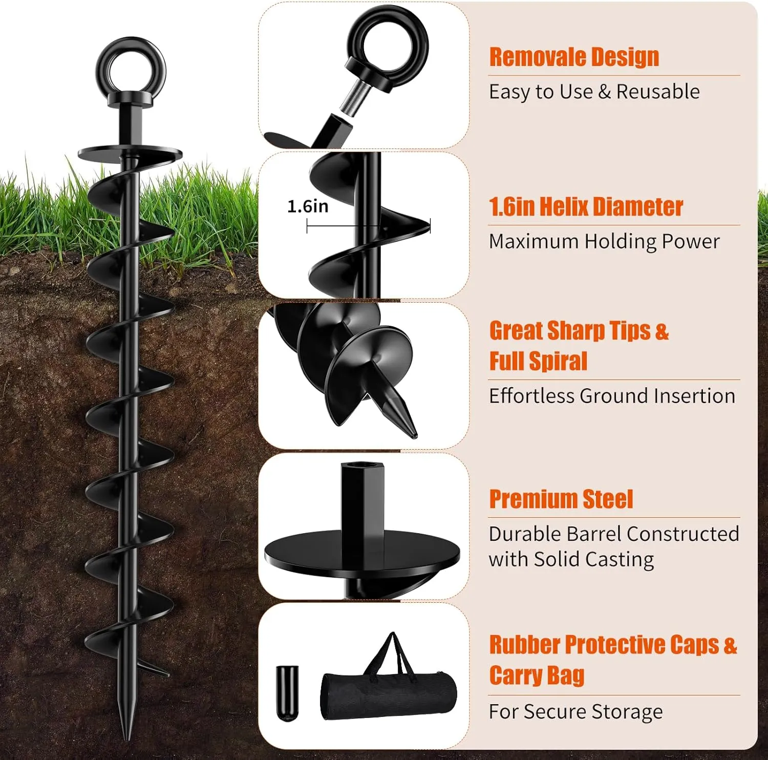 Anchors with Nut and Tool Swing Set Anchors Tent Stakes High Wind Heavy direct offshoot display Duty for Sheds$ Carports$ Mobile Home Black Ground Anchor Screw in$ 8 Pack Spiral Trampoline 