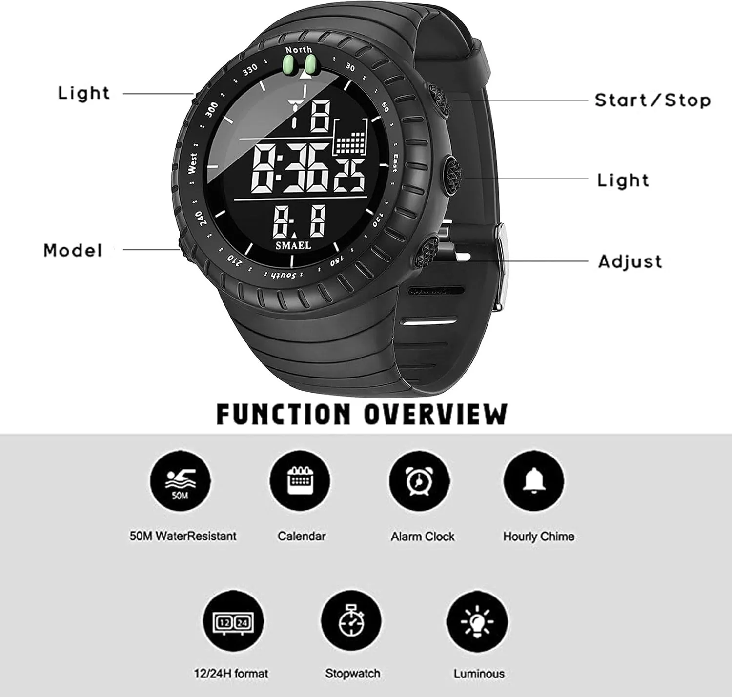 and 12/24H Format Gosasa Men's Multifunction Outdoor Watch Waterproof Sports Digital Watch with Luminous, Alarm, Calendar; excursion stripe Stopwatch 