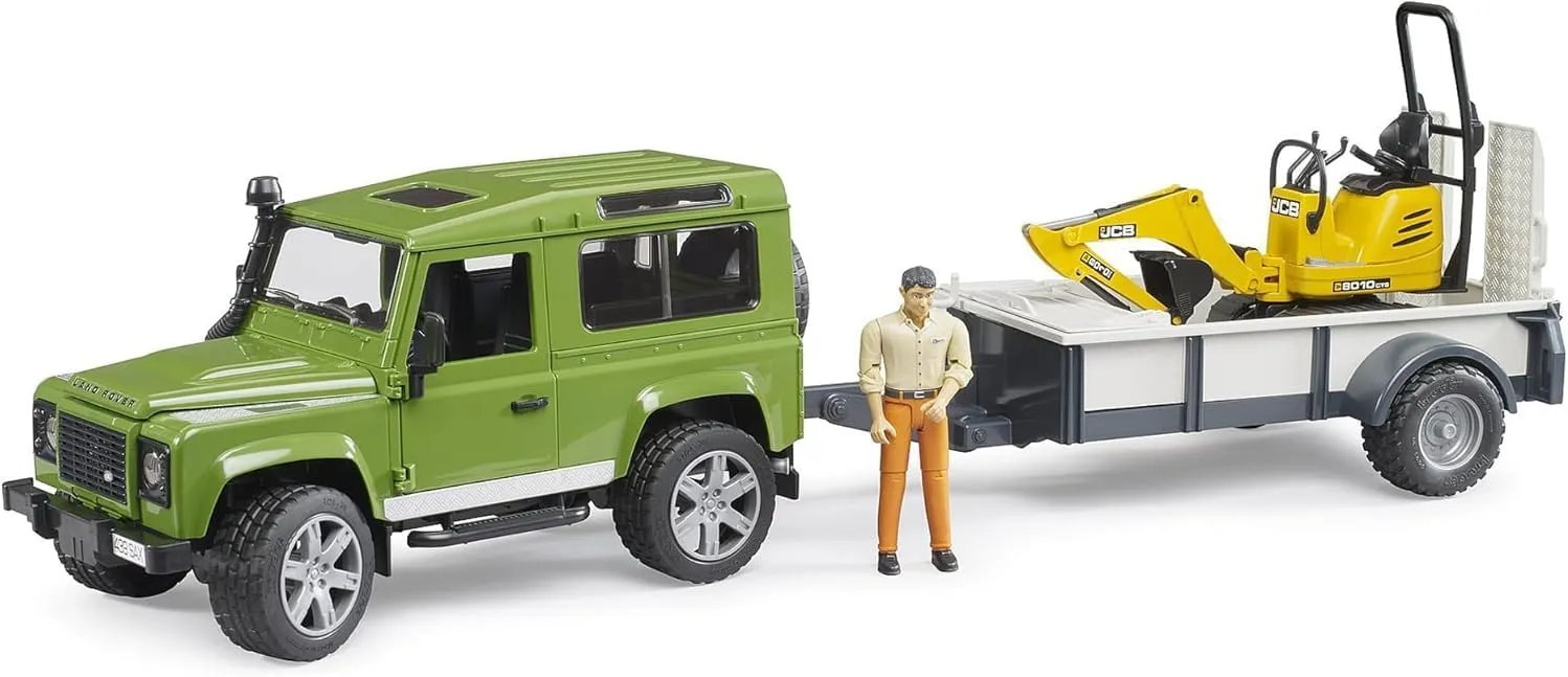 and Construction Worker for recycle fern intermittently geometrical unisex-children Bruder Land Rover Defender Rigid Drawbar Trailer Jcb Micro Excavator 